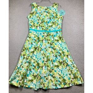 Retro Swing Dress Women's 12 Green Aqua‎ Green Floral Bloomcore Modest Stretch